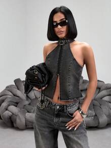 RueChic Y2K Summer Fashion Distressed Denim Halter Tank Top With Zipper Side Slit Sexy Outfit Damen Cowgirl Outfit - Grey - View 5
