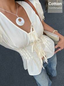 Siren Gaze 女士纯色前系带亚麻短袖衬衫，夏季 - 杏色 - 查看 4