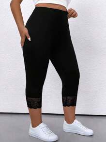 SHEIN CURVE+ Plus Size Women Knitted Elastic 7/10 Length Pants, Lace Trim Hem, Casual Plus Size Ladies Trousers