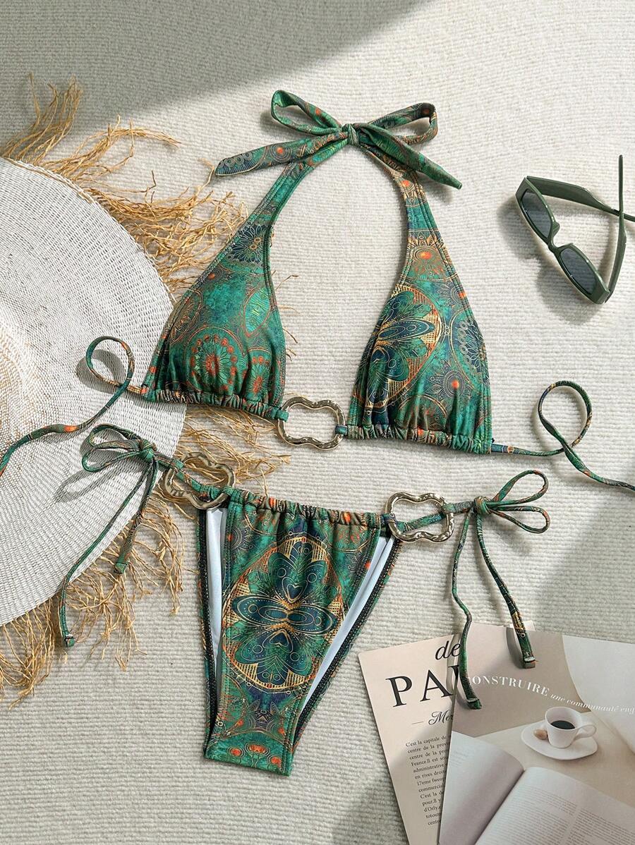 Soleia Women's Colorful Vintage Print Metal Decor Tie-Up Bikini Set, Resort Style