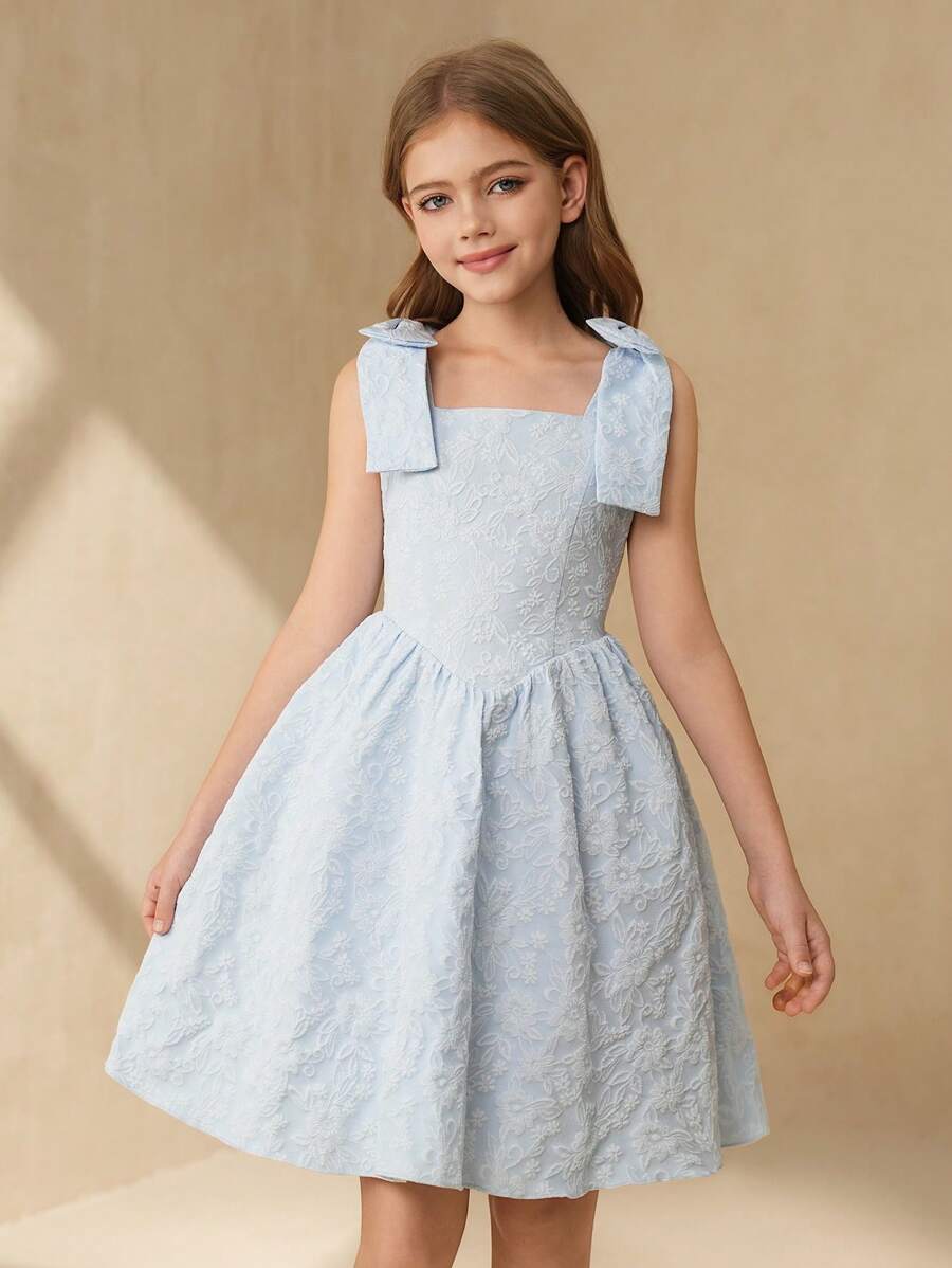 SHEIN 女童提花无袖连衣裙（可拆卸蝴蝶结）