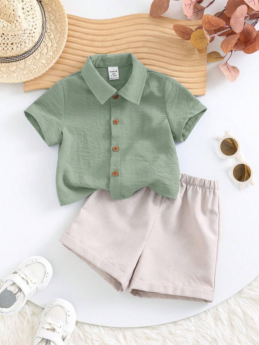 SHEIN 2pcs/Set Baby Boys/Girls Casual Solid Color Short Sleeve Shirt & Elastic Waist Shorts Set, Suitable For Summer Home, Outing, Travel And Vacation - Multicolor - View 1