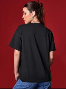 Betty Boop x SHEIN 女士卡通肖像与字母印花圆领短袖 T 恤 - 黑色 - 查看 2