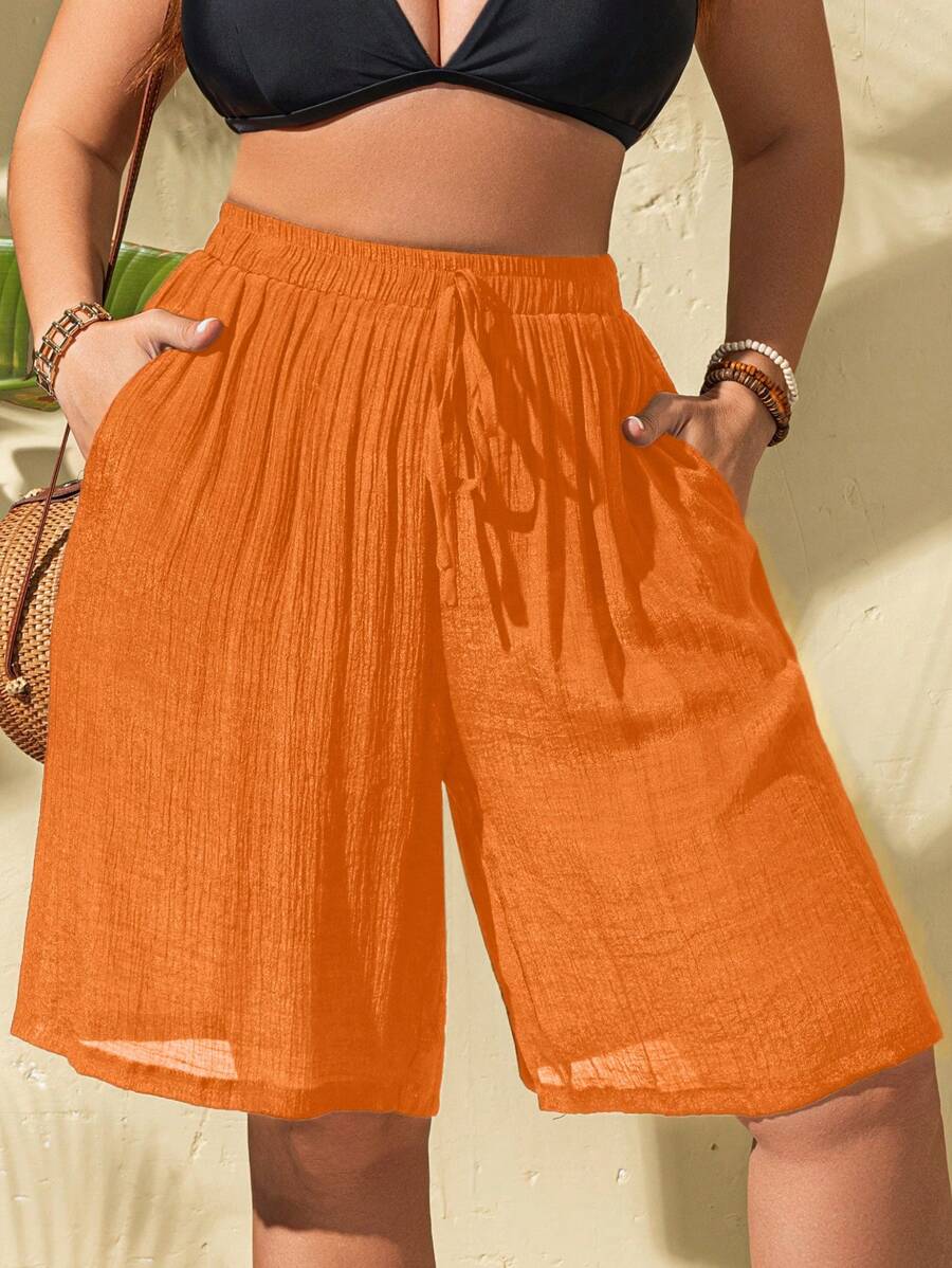 Swim Lushoire Short de cache-maillot de grande taille avec design en nœud de bambou, convient pour l'été - Orange brûlé - Voir 1