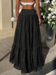 MainGRL Women's Vacation Solid Color Ruffled Waist High-Low Hem Skirt - Black - View 2