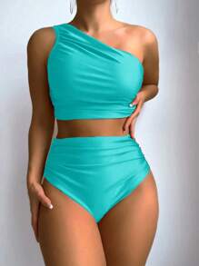 Swim Basics Women's Solid Color Ruched Bikini Set For Beach Vacation For Summer - Baby Blue - View 1