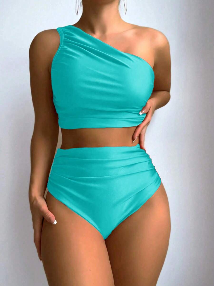 Swim Basics Women's Solid Color Ruched Bikini Set For Beach Vacation For Summer - Baby Blue - View 1