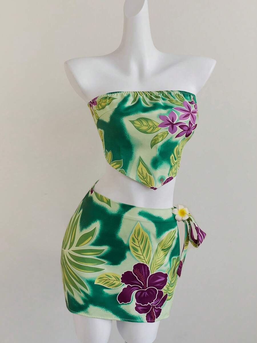 SHEIN Unity Conjunto de Top Bandeau e Mini Saia com Estampa Floral de Férias de Verão