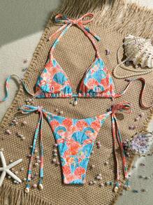 Swim Mod 2pcs/Set Women Beach Summer Outfits: Random Print Ribbed Texture Shell Accessory Halter Top And Side Tie Waist Bikini Bottom, Bohemian Swimsuit - Multicolor - View 2