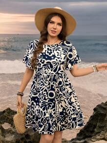 SHEIN LUNE Plus Size Casual All-Over Print Short Sleeve Dress Women Boho/Bohemian Dress  Summer Outfits For Women Vacation Outfits Woman Beach Outfits For Woman