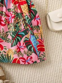 SHEIN Vestido con estampado de plantas tropicales, corte en la cintura y tirantes para niña, para vacaciones de verano - Multicolor - Ver 3