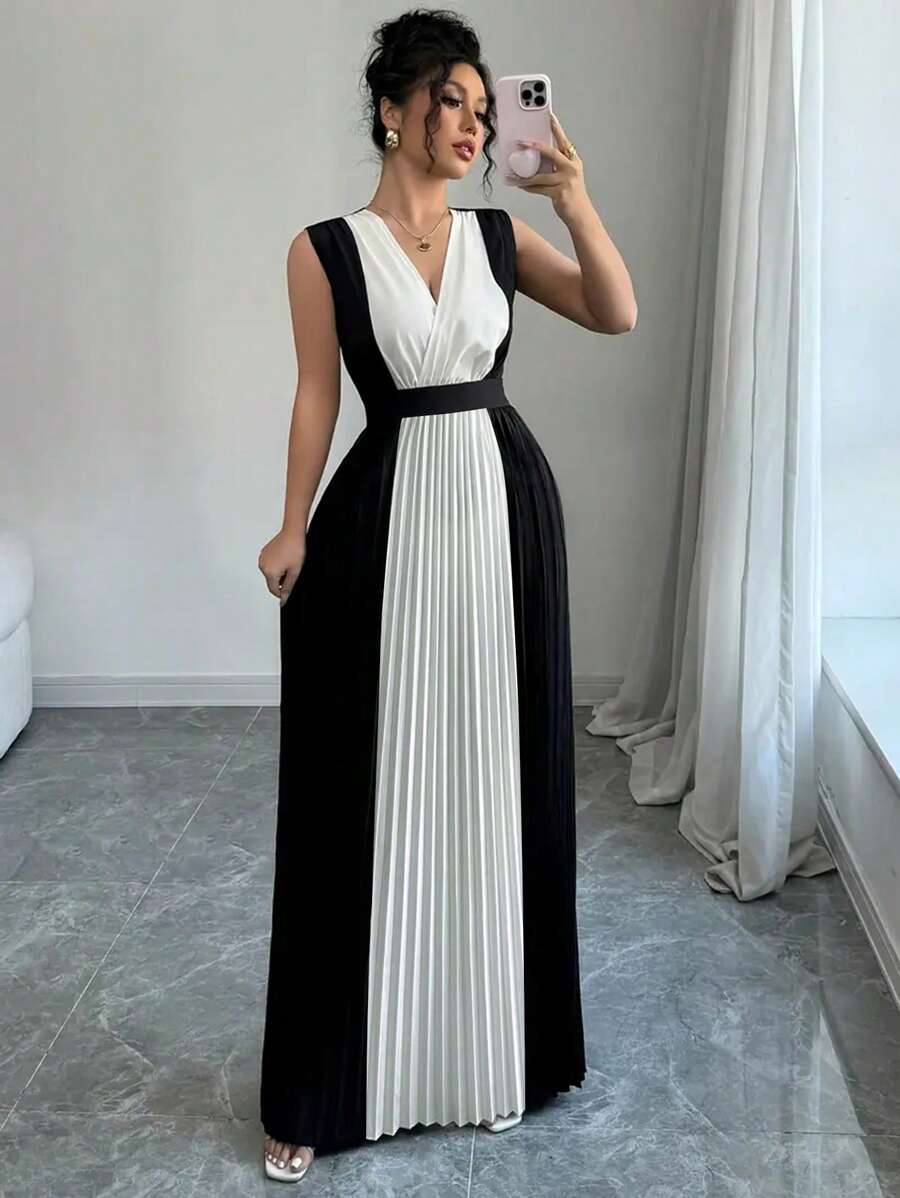 INAWLY 女士优雅度假撞色褶腰连衣裙 - 黑色 - 查看 1