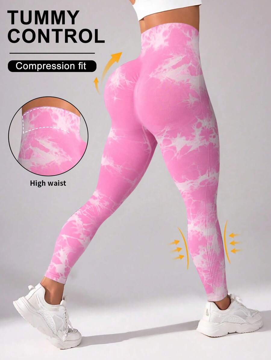 SHEIN Sports 女士日常健身扎染紧身裤瑜伽裤 - 粉色 - 查看 1