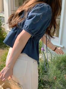 DAZY Blusa casual de mujer con manga corta, cordón, volantes y silueta de muñeca