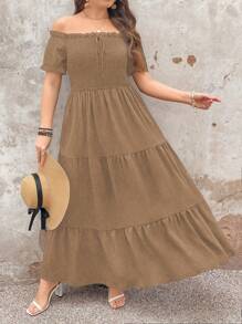 SHEIN Clasi Elegant Commuter Vintage Simple Casual Women's Fashion Versatile Hit Item, Ruffle Edge Bowknot Knit Stretchy Waist Multi-Layer Dress Design Dress, Black, Plus Size - Brown - View 4