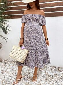 SHEIN 波西米亚花卉印花孕妇荷叶袖连衣裙 - 紫羅蘭色 - 查看 5