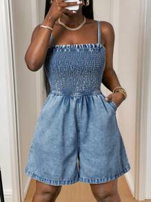 Slaydiva 春夏新款休闲度假吊带上身阔腿短裤浅蓝色洗水牛仔女牛仔连体裤-M