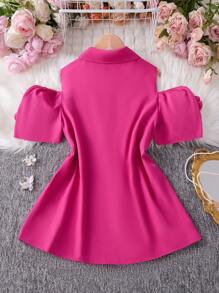 Plus Size Women Floral 3D Decorated V-Neck Shoulder Exposure Button Short Sleeve Blouse - Hot Pink - View 2