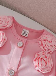 3 Stück/Set, Baby Mädchen Frühling&Sommer Eleganter Stil, Blumen Deko Kurzarm Jacke&Ärmellose Slip Top&Shorts - Pink - Übersicht 5