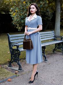 Vintamour 复古优雅女装夏季秋季修身拼色领蝴蝶结连衣裙短袖喇叭裙感恩节女装秋季服装优雅女装情人节夏季生日女装连衣裙女装优雅蝴蝶结情人节夏季女装教堂服装