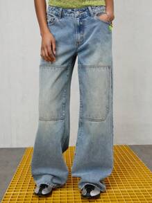 COUREZ 低腰宽松牛仔裤，采用工装缝线，浅色水洗做旧效果 / 女士夏季穿搭 / Y2K / 休闲 / 纯棉高街复古风 - 淺藍色 - 查看 2