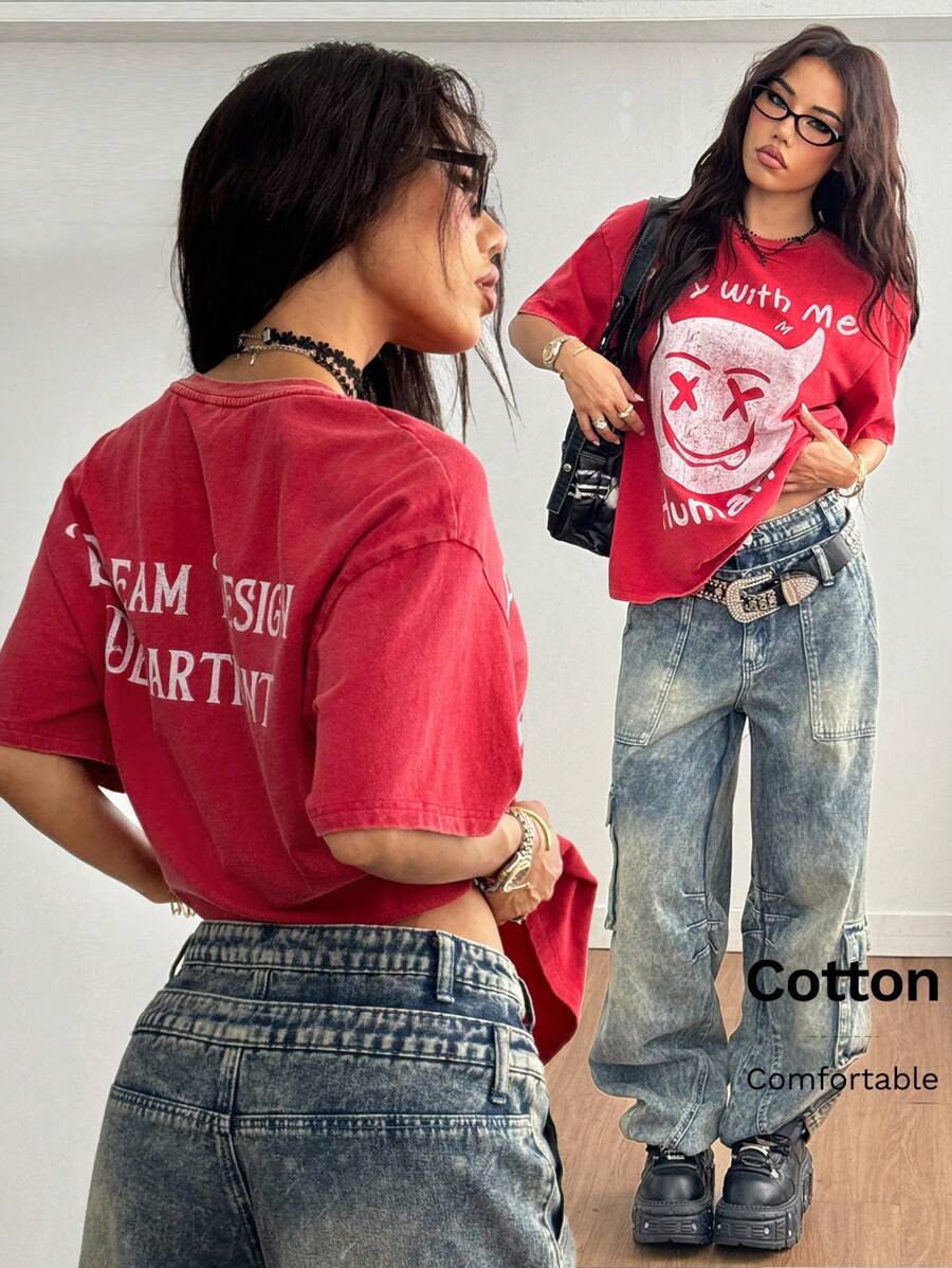 SHEIN EZwear Women's & Men's Summer Rave Couple Costumes Western Wear Y2K Rapper Streetwear Devil Graphics Dirty 100% Cotton Washed Over Size T-Shirt - Burgundy - View 1