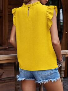 EMERY ROSE Women's Solid Color Casual Round Neck Striped Cap Sleeve Shirt - Yellow - View 2