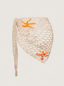 Swim Mod Plus Size Women Beach Cover Up Sarong Triangle Scarf Hand Crochet Starfish Beach Cover Up, Vacation Style For Summer,Lollapaloo - Apricot - View 3