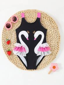 SHEIN Baby Girl Animal Print Mesh Patchwork Crew Neck One-Piece Swimsuit Baby Clothes For Girls Cute Baby Clothes Girl Cheap Baby Girl Clothes Baby Outfits For Girls Cute Baby Girl Clothes - Black - View 3