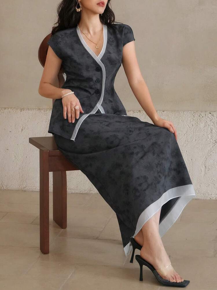 Women's Tie-Dye Colorblock Sleeveless Cardigan And Skirt 2 Pieces Set, Summer