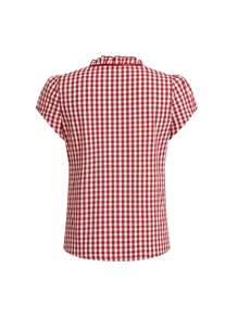Ellevyn Women's Short Sleeve Bowknot Ruffle Plaid Checkered Elegant Casual Vacation Picnic Shirt, Spring/Summer - Red and White - View 7