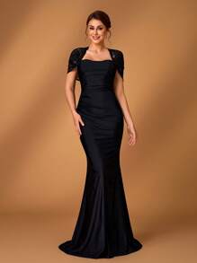 Serin Summer Elegant Romantic Gorgeous Black Sequin Embroidery Stitching Elastic Knitted Sweetheart Neck Twisted Shawl Sleeves Gathered Pleated Slim Fishtail Hem With A Small Train Suitable For Dinner Bachelorette Party Date Holiday Dance Music Festival Wedding Event Bride Mother Dress, Valentine's Day - Black - View 1