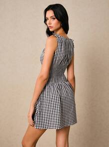 Poéselle Vestido mini de mujer con cuello redondo, sin mangas y cintura ajustada a cuadros