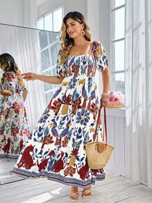 KURAYIA Plus Size Women's Floral Print Elegant Puff Sleeve Square Neck Shirred Waist Maxi Beach Holiday White Summer Boho Party Dress,Holiday - Multicolor - View 7
