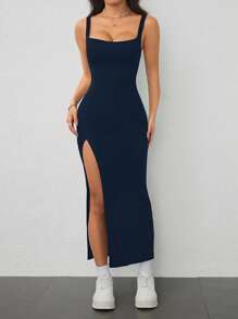 SHEIN PETITE Đầm dài ôm xẻ cao, dây đeo vai bản rộng, chất liệu thun gân co giãn cao dành cho nữ - Màu xanh hải quân - Xem 4