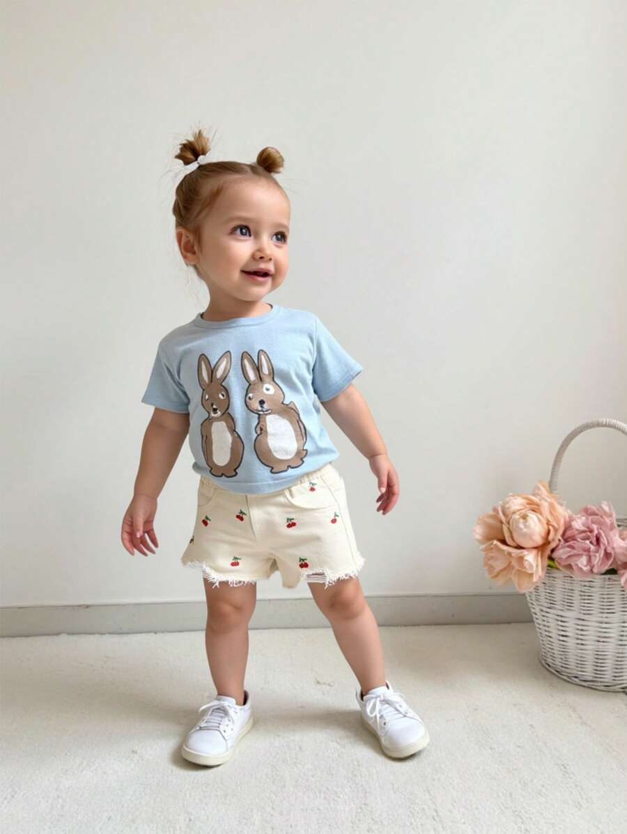 Pantalones cortos de mezclilla rasgados con bordado lindo de cereza para niña bebé - Beis - Ver 1