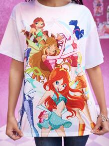 The Winx X SHEIN Women Casual Cartoon Graphic Round Neck Short Sleeve T-Shirt, Summer