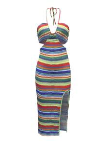 Breezaya Damen buntes gestreiftes Kleid mit Taillenschlitz und seitlichem Schlitz, sexy Trägerkleid - Verschiedenfarbig - Übersicht 3