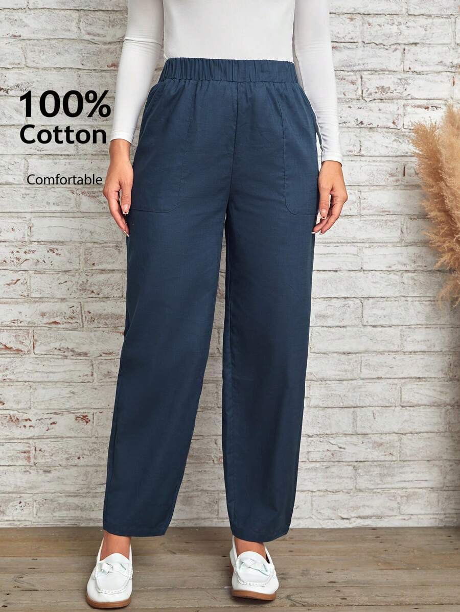 EMERY ROSE Solid Slant Pocket Elastic Waist Pants - Navy Blue - View 1