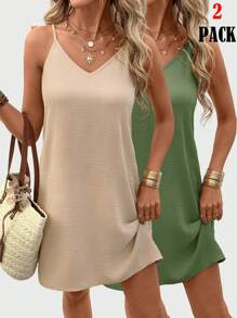 SHEIN LUNE 2pcs Women Casual Solid Color Sleeveless Camisole And Mini Dress Outfit, Daily Basic Clothing For Spring/Summer Summer Dresses For Women