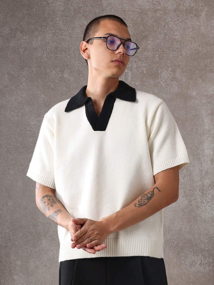SUMWON Luxury Knitted Polo Sweater Short Sleeve Classic Contrast Collar Vintage Style Preppy Office Casual Business Golf Tennis Spring Summer Resort Wear