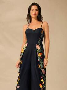 CAJUNI Tuta estiva casual da donna con stampa floreale tropicale bohémien e fantasia, con canottiera nera