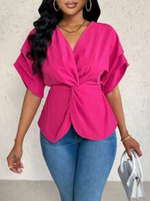 Eryvara 不对称交叉 V 领宽松女式衬衫 - 玫紅色 - 查看 5