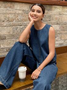 Livesso 女士休闲牛仔背心和牛仔裤套装 - 藍色 - 查看 3