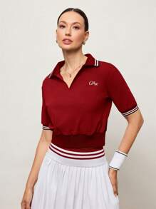 Activina 女士休闲健身字母条纹短袖 Polo 衫 - 紅色 - 查看 7