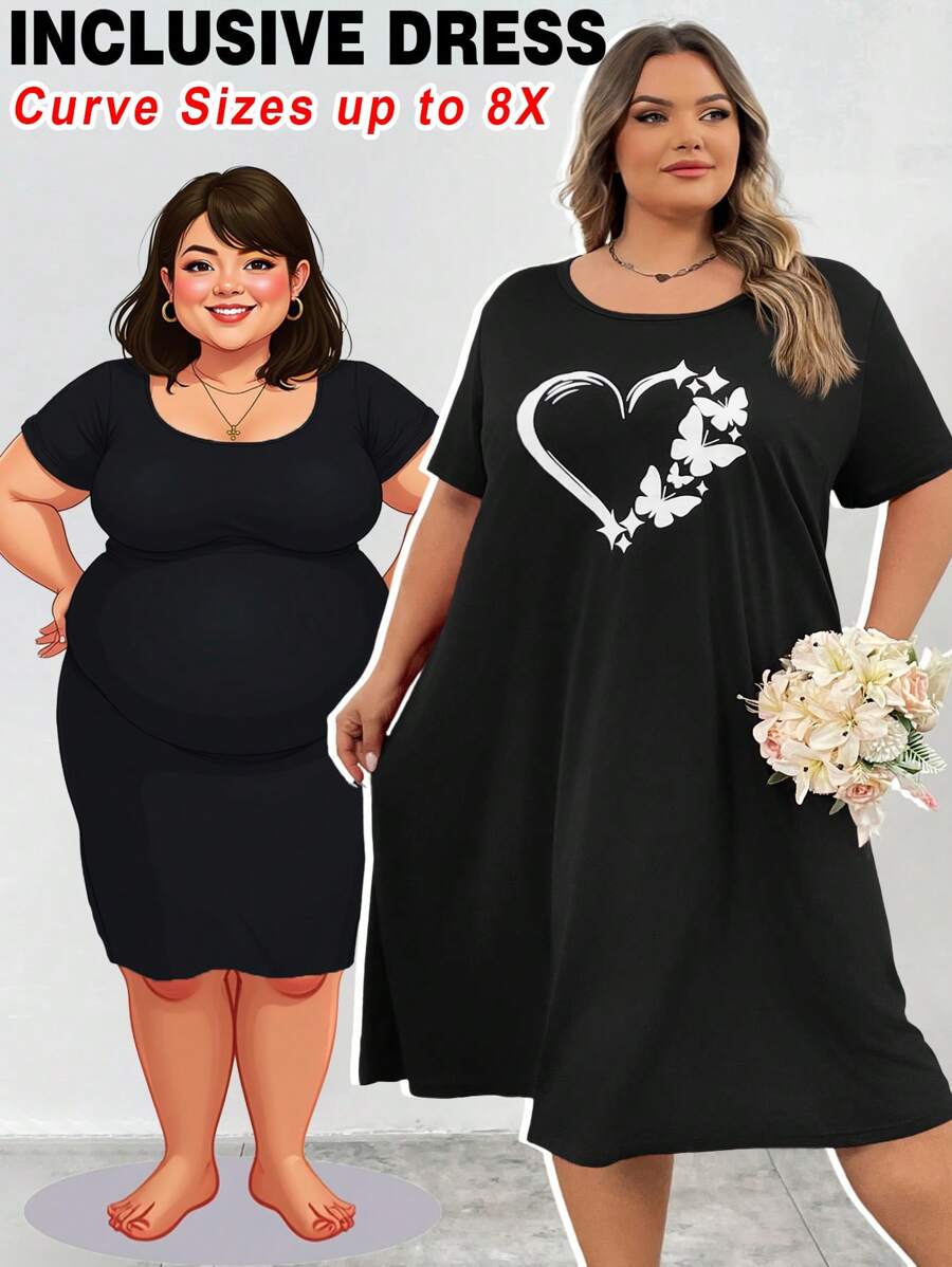SHEIN CURVE+ Curve Plus 红色心形印花长裙,情人节 - 黑色 - 查看 1