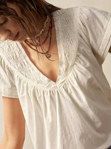 Bohemela BOHO Solid Woven V-Neck Short Sleeve Loose Blouse For Women