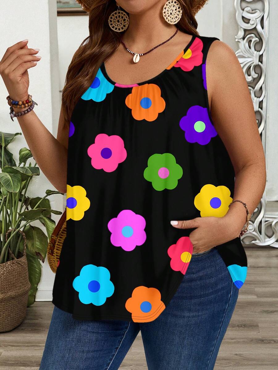 EMERY ROSE Camiseta y top sin mangas holgados con pliegues, de talla grande, de estilo minimalista y casual, con estampado floral ditsy multicolor, adecuado para primavera/verano - Multicolor - Ver 1