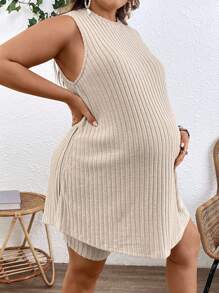 SHEIN 2件套孕妇休闲纯色无袖背心和短裤套装 - 杏色 - 查看 9