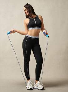 VARSIVA Women's High Waisted Letter Tape Contrast Trim Sports Leggings - Black and White - View 8